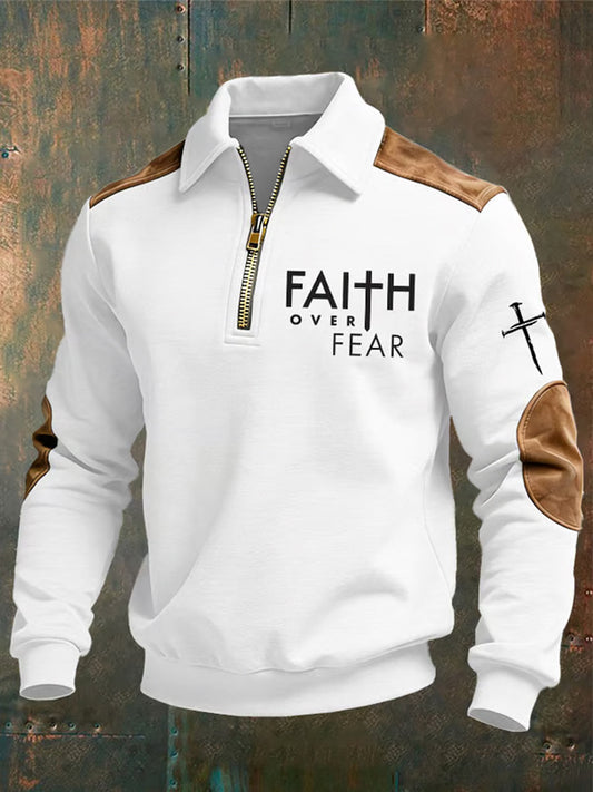 Męska bluza z kołnierzem z napisem „ Christian Faith Over Fear ”z krzyżem i nadrukiem