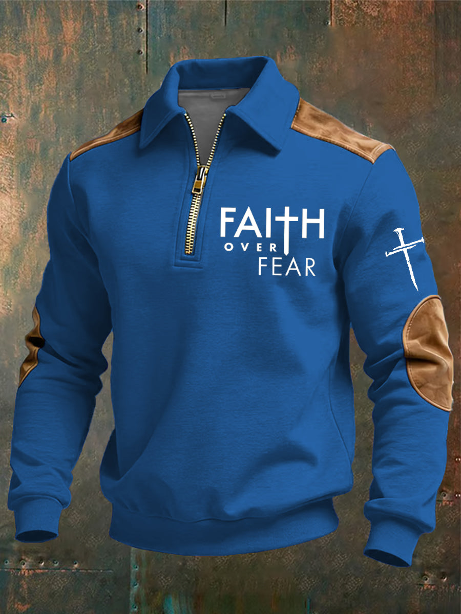Męska bluza z kołnierzem z napisem „ Christian Faith Over Fear ”z krzyżem i nadrukiem