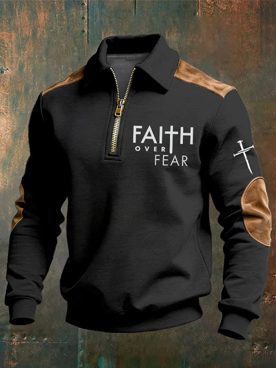 Męska bluza z kołnierzem z napisem „ Christian Faith Over Fear ”z krzyżem i nadrukiem