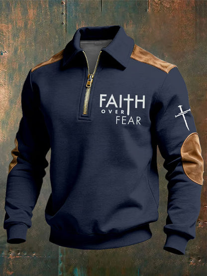 Męska bluza z kołnierzem z napisem „ Christian Faith Over Fear ”z krzyżem i nadrukiem