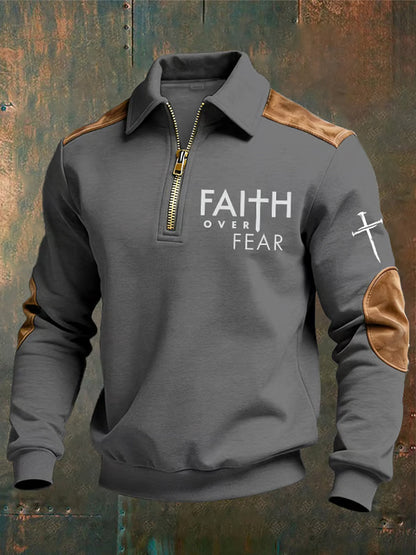 Męska bluza z kołnierzem z napisem „ Christian Faith Over Fear ”z krzyżem i nadrukiem