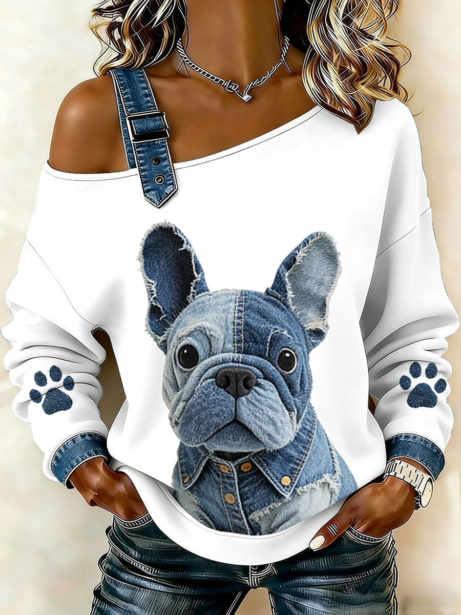 Damski uroczy nadruk zwierzęcy jeansowy patchwork wygodny top