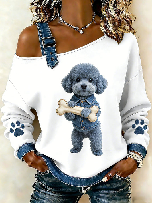 Damski uroczy nadruk zwierzęcy jeansowy patchwork wygodny top