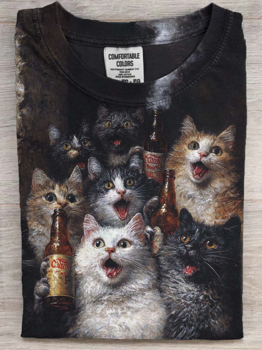 Abstrakcyjne Celebration Celebration Cat Print Casual Koszulka z krótkim rękawem