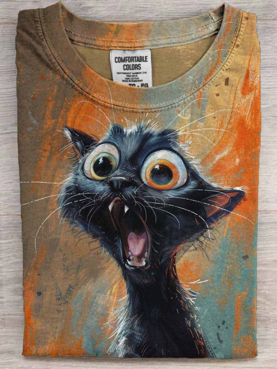 Cute Cat Print Casual Koszulka z krótkim rękawem