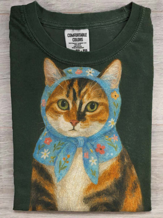 Cute Cat Print Casual Koszulka z krótkim rękawem