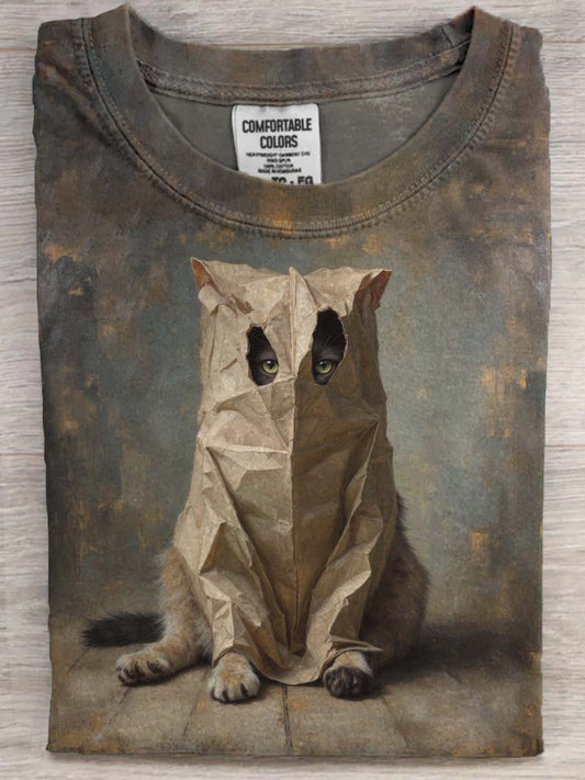 Abstrakcyjna koszulka z krótkim rękawem Funny Cat Print Casual