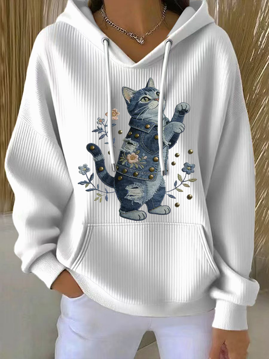 Damska bluza z kapturem w stylu vintage Cat Patchwork
