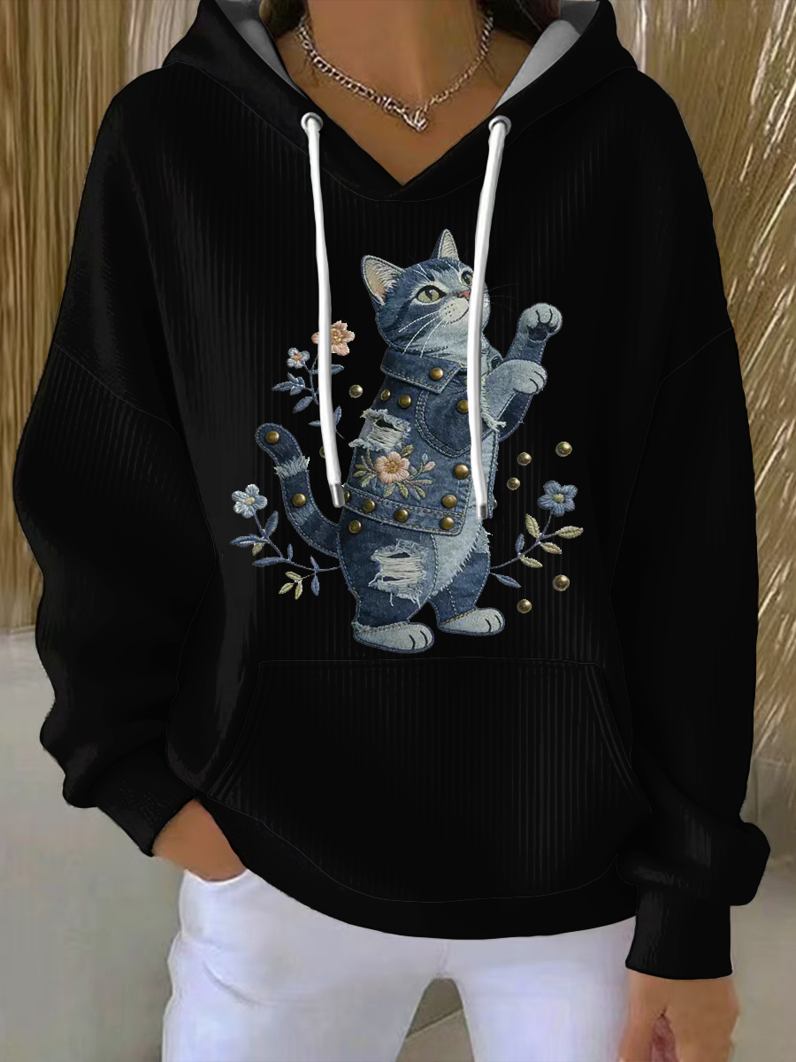 Damska bluza z kapturem w stylu vintage Cat Patchwork