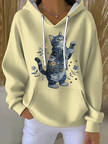 Damska bluza z kapturem w stylu vintage Cat Patchwork