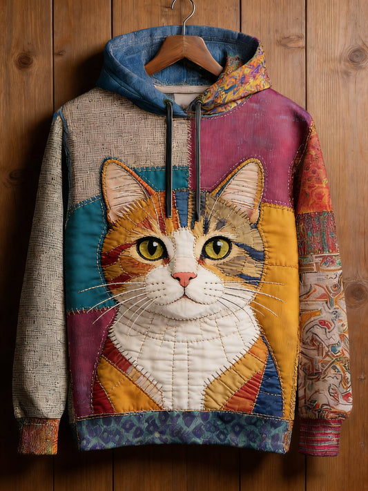 Damska bluza z kapturem w stylu vintage Patchwork Cat Print Casual