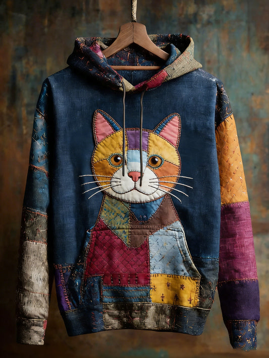 Damska bluza z kapturem w stylu vintage Patchwork Cat Print Casual
