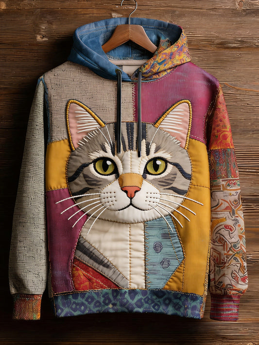 Damska bluza z kapturem w stylu vintage Patchwork Cat Print Casual