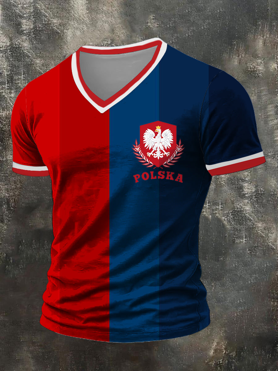 Męska koszulka klasyczna czerwono-niebieska Poland Crest V-Neck