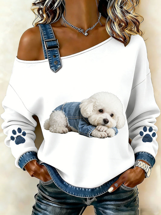 Damski uroczy nadruk zwierzęcy jeansowy patchwork wygodny top
