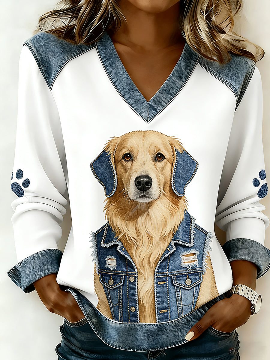 Damski Vintage Denim Patchwork Top z nadrukiem w stylu zwierzęcym, swobodny i wygodny