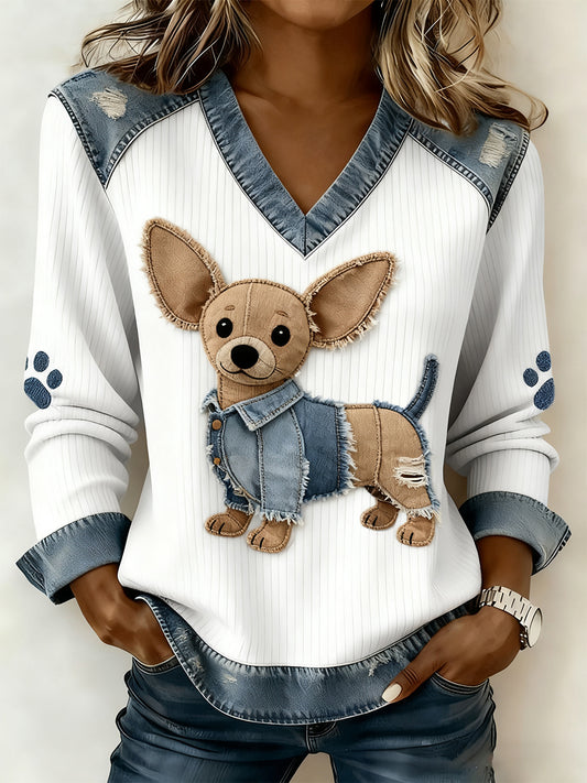 Damski Vintage Denim Patchwork Top z nadrukiem w stylu zwierzęcym, swobodny i wygodny