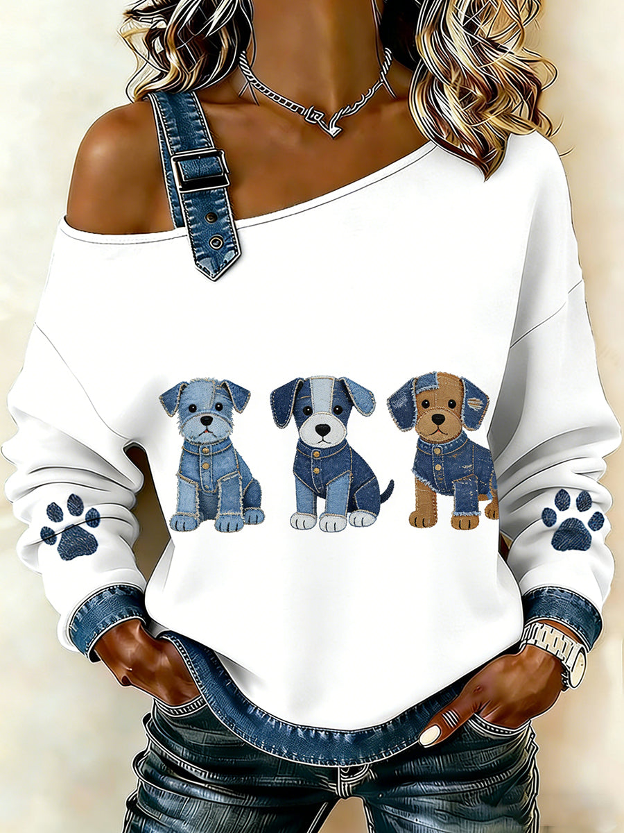Damski uroczy nadruk zwierzęcy jeansowy patchwork wygodny top