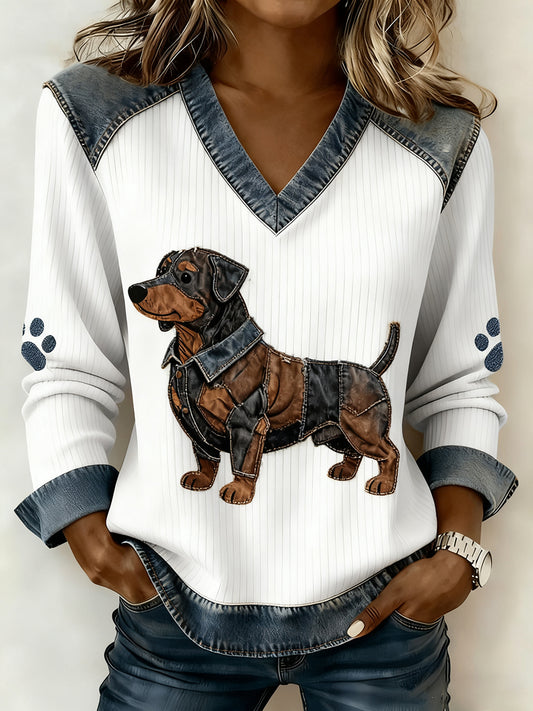 Damski Vintage Denim Patchwork Top z nadrukiem w stylu zwierzęcym, swobodny i wygodny