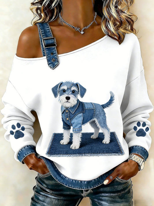 Damski uroczy nadruk zwierzęcy jeansowy patchwork wygodny top