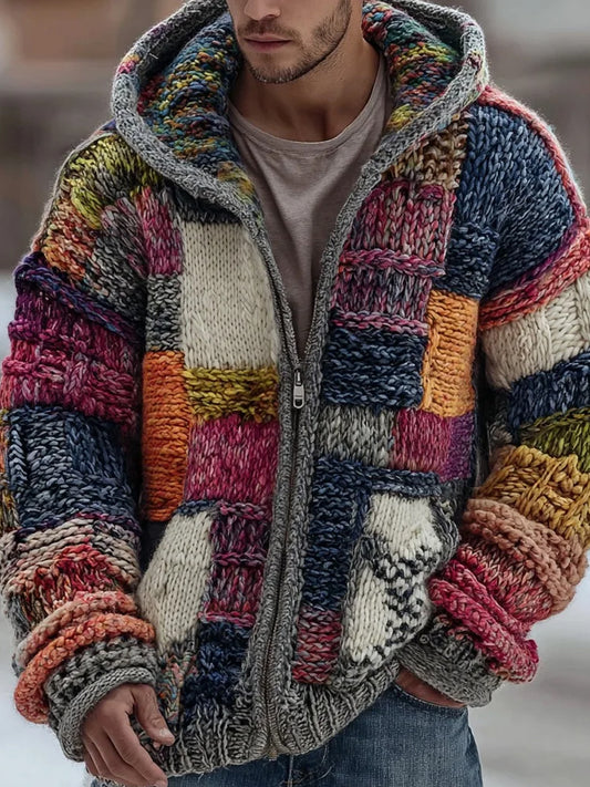 Męski sweter z kapturem z nadrukiem w kolorze retro