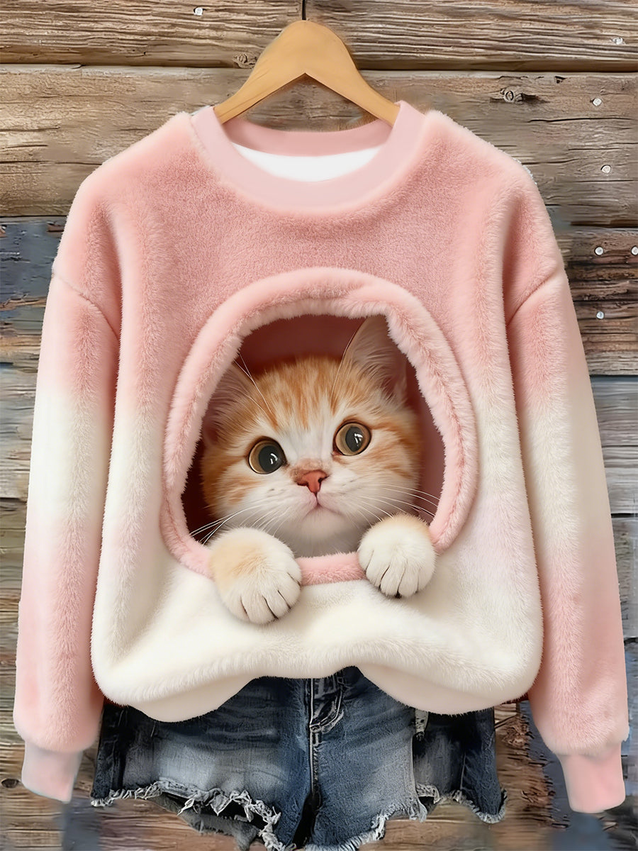 Damski uroczy sweter flanelowy z nadrukiem w stylu zwierzęcym