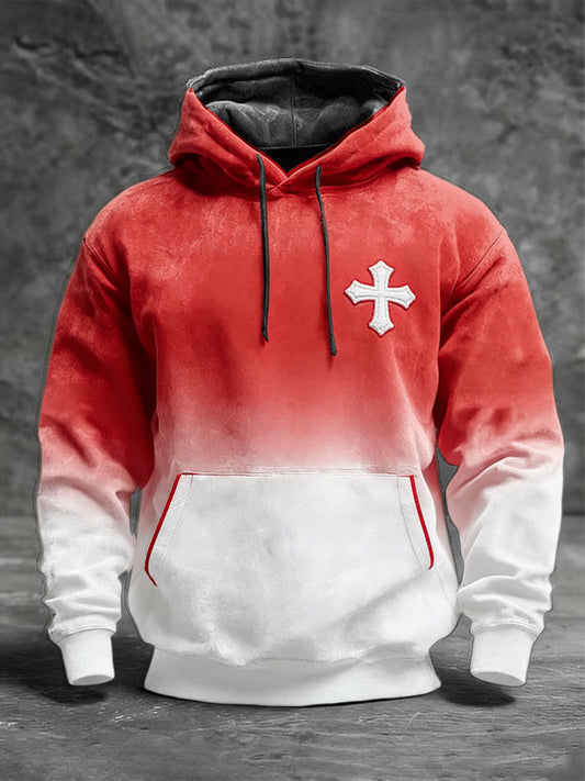 Męska stylowa czerwono-biała bluza z kapturem z godłem z krzyżem gradientu