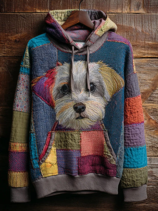 Vintage Patchwork Dog Print Art Casual Bluza z kapturem