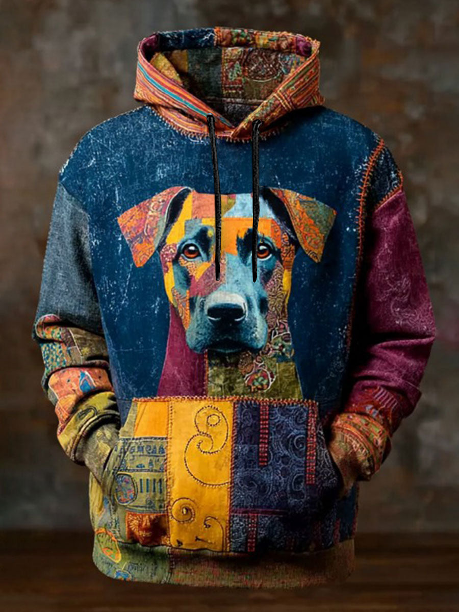 Vintage Patchwork Dog Print Art Casual Bluza z kapturem