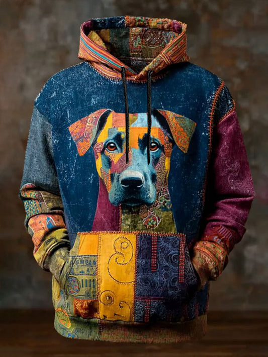Vintage Patchwork Dog Print Art Casual Bluza z kapturem