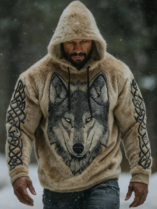 Męska Viking Vintage Wolf celtycka flanelowa ciepła bluza z kapturem