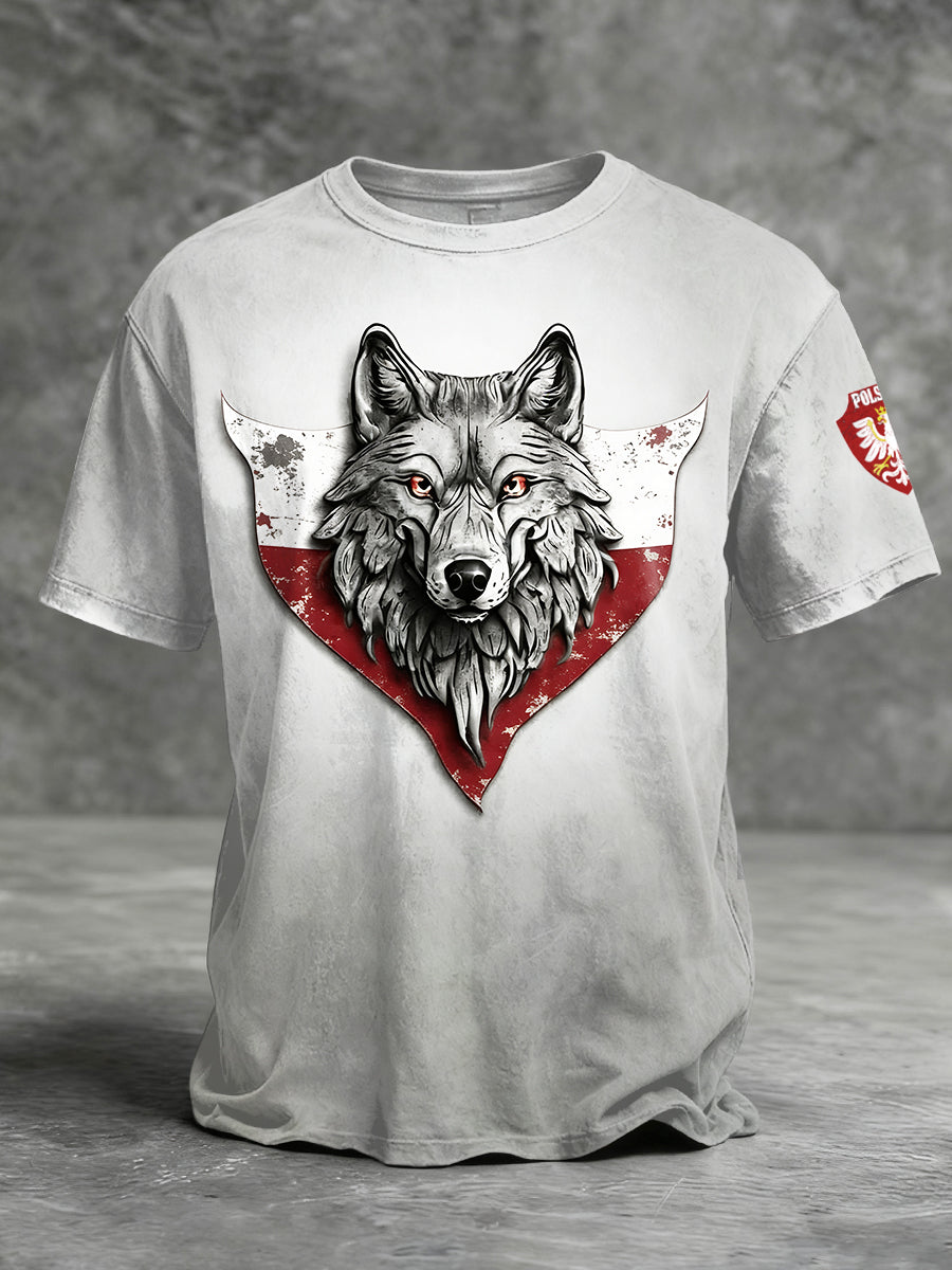 Szara koszulka z nadrukiem Wolf, męska flaga Polski