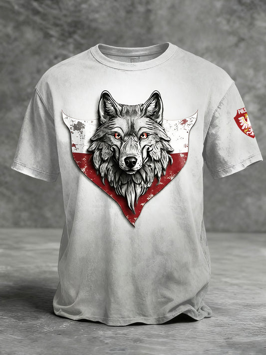 Szara koszulka z nadrukiem Wolf, męska flaga Polski