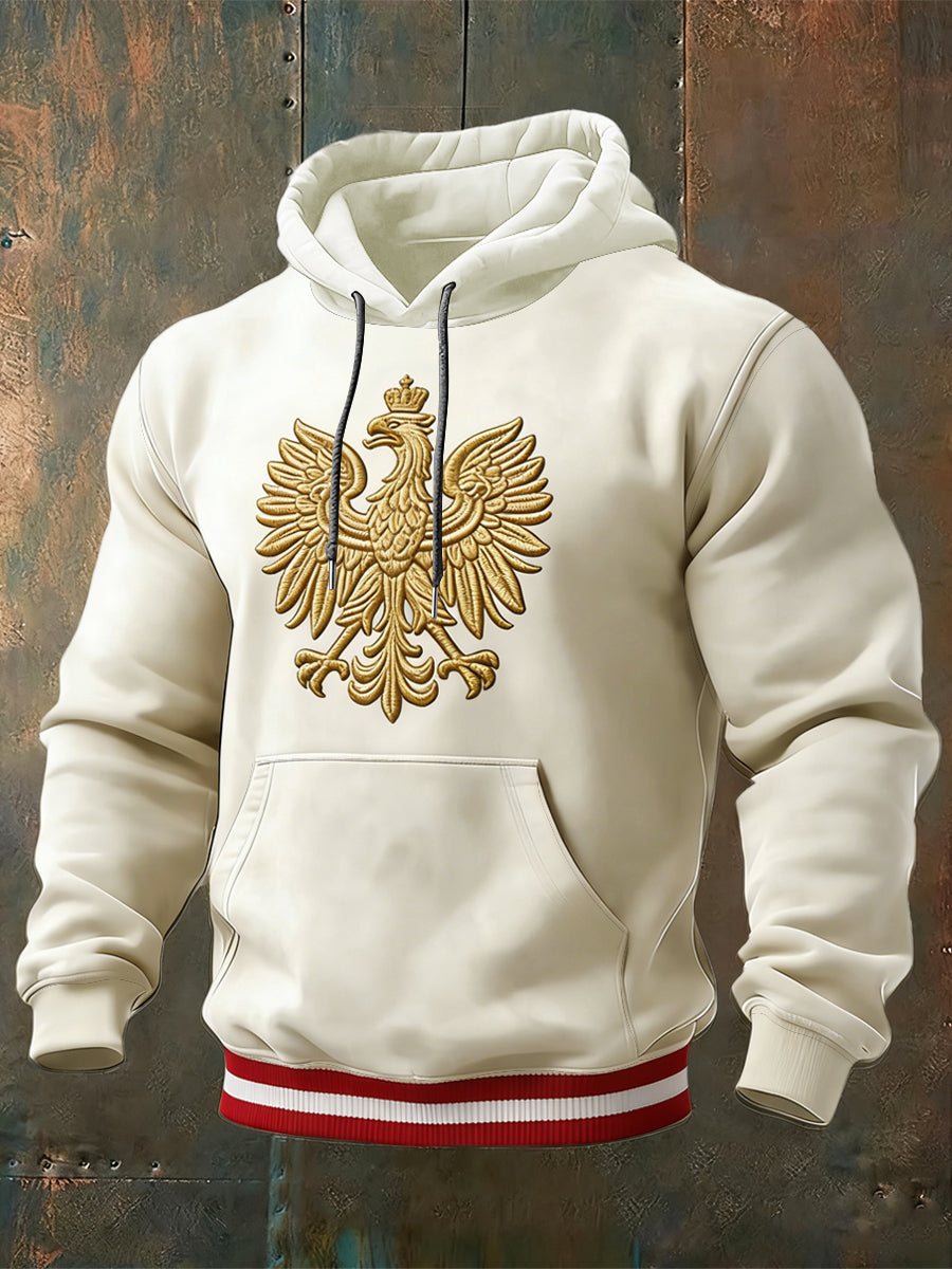 Elegancka, kremowa bluza z kapturem z polskim złotym orłem