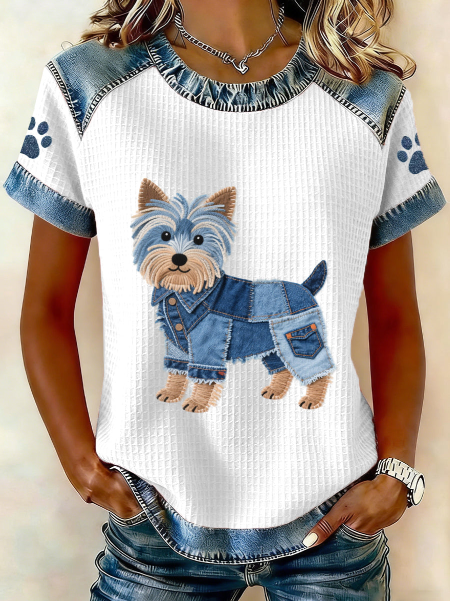Damski piękny wzór Yorkshire Terrier Denim Patchwork Top