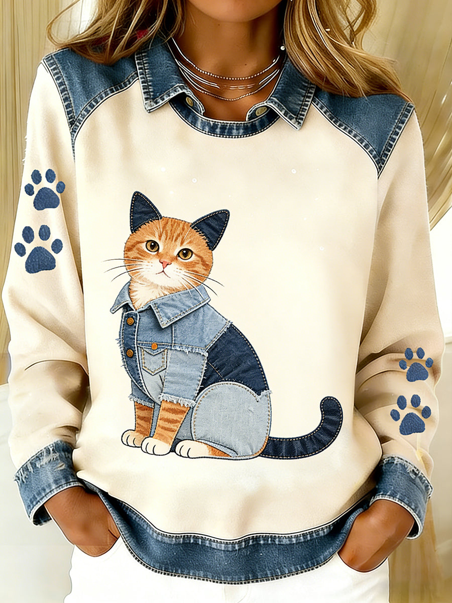 Damski Vintage Denim Patchwork Top z nadrukiem w stylu zwierzęcym, swobodny i wygodny