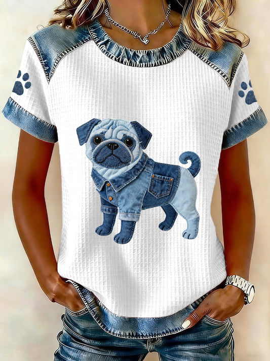 Damski piękny mops wzór jeansowy patchwork top