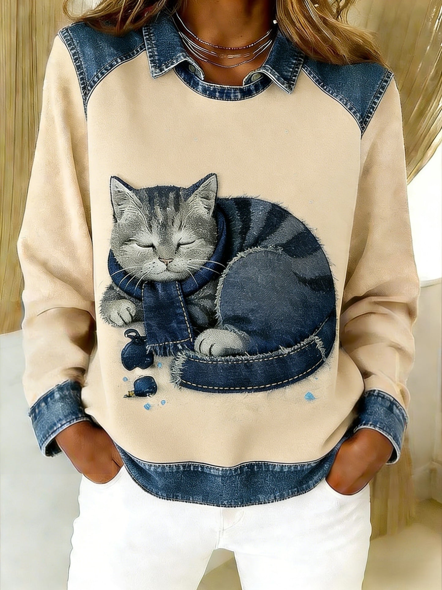 Retro uroczy szalik dla zwierząt, kot, jeansowy, patchwork, drukowany, luźna bluza z długim rękawem w klapie