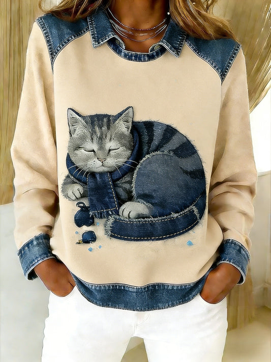 Retro uroczy szalik dla zwierząt, kot, jeansowy, patchwork, drukowany, luźna bluza z długim rękawem w klapie