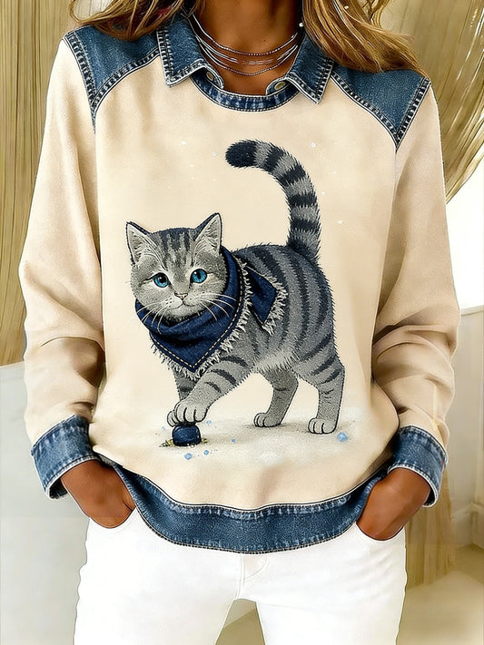 Retro uroczy szalik dla zwierząt, kot, jeansowy, patchwork, drukowany, luźna bluza z długim rękawem w klapie