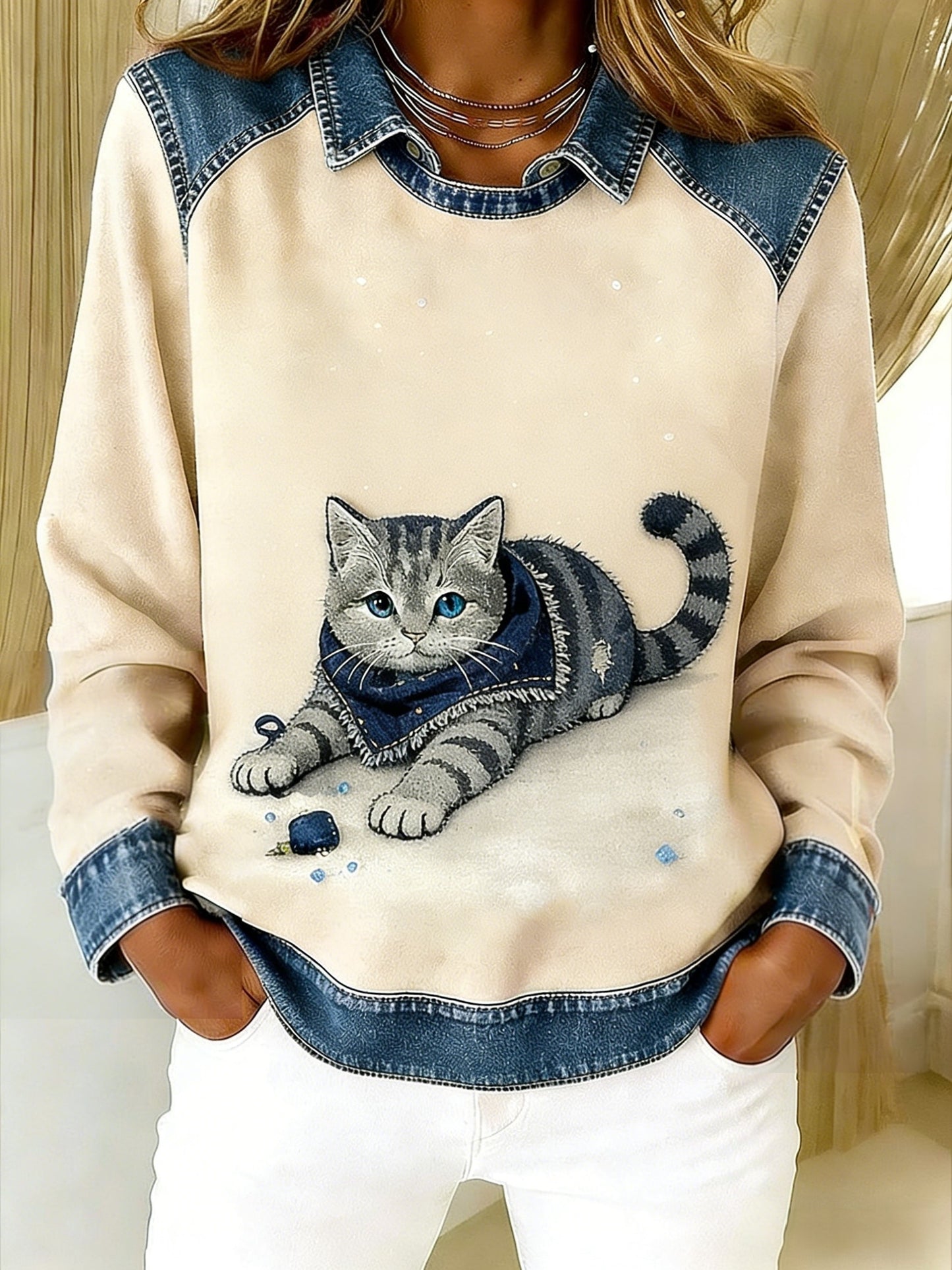 Retro uroczy szalik dla zwierząt, kot, jeansowy, patchwork, drukowany, luźna bluza z długim rękawem w klapie