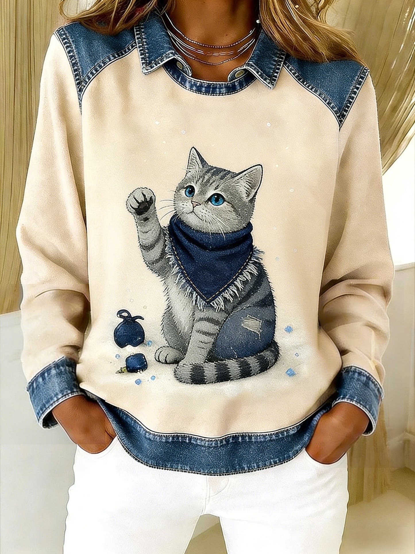 Retro uroczy szalik dla zwierząt, kot, jeansowy, patchwork, drukowany, luźna bluza z długim rękawem w klapie