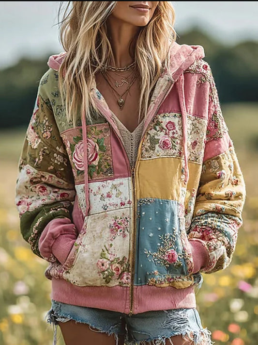 Damska koszulka z kapturem w stylu vintage z motywem patchworku, przytulna, ciepła bluza z kapturem