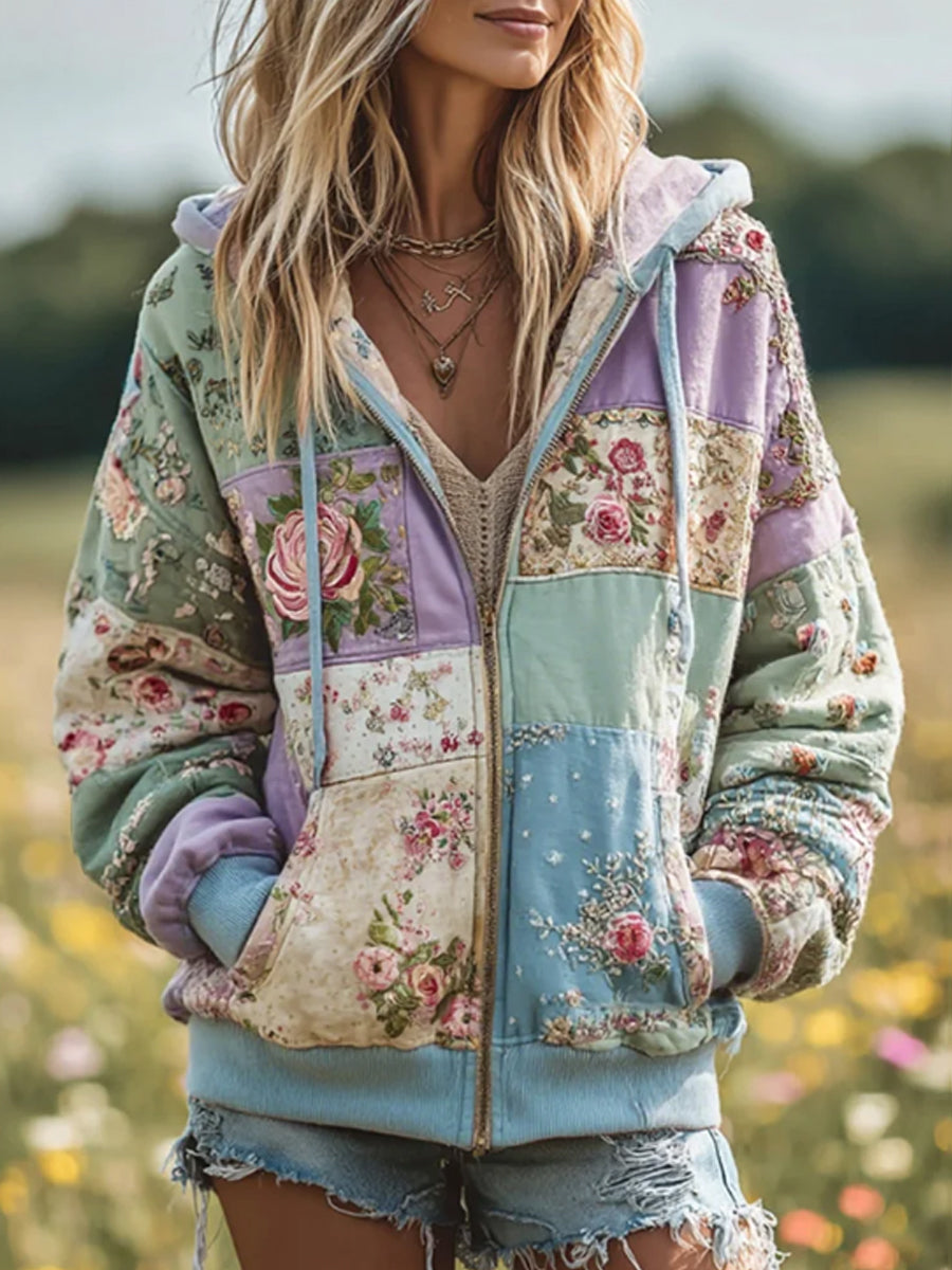 Damska koszulka z kapturem w stylu vintage z motywem patchworku, przytulna, ciepła bluza z kapturem