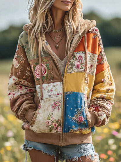 Damska koszulka z kapturem w stylu vintage z motywem patchworku, przytulna, ciepła bluza z kapturem