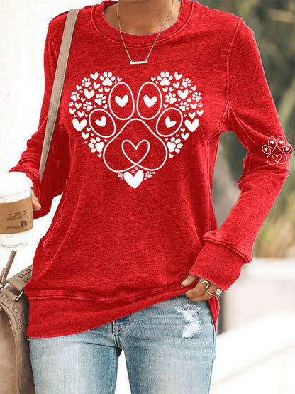 Damska paw heart print miłośnicy psów walentynkowa casualowa bluza