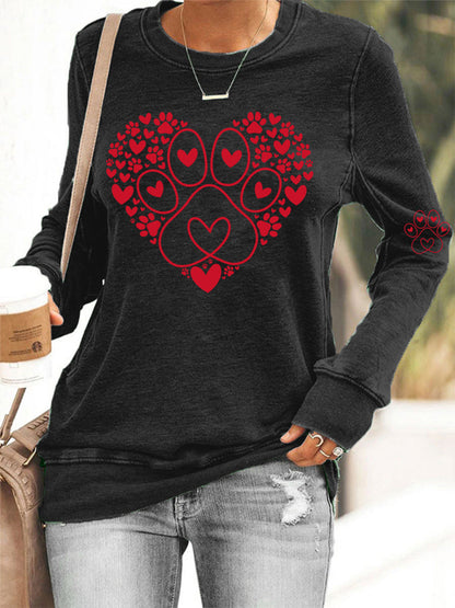 Damska paw heart print miłośnicy psów walentynkowa casualowa bluza