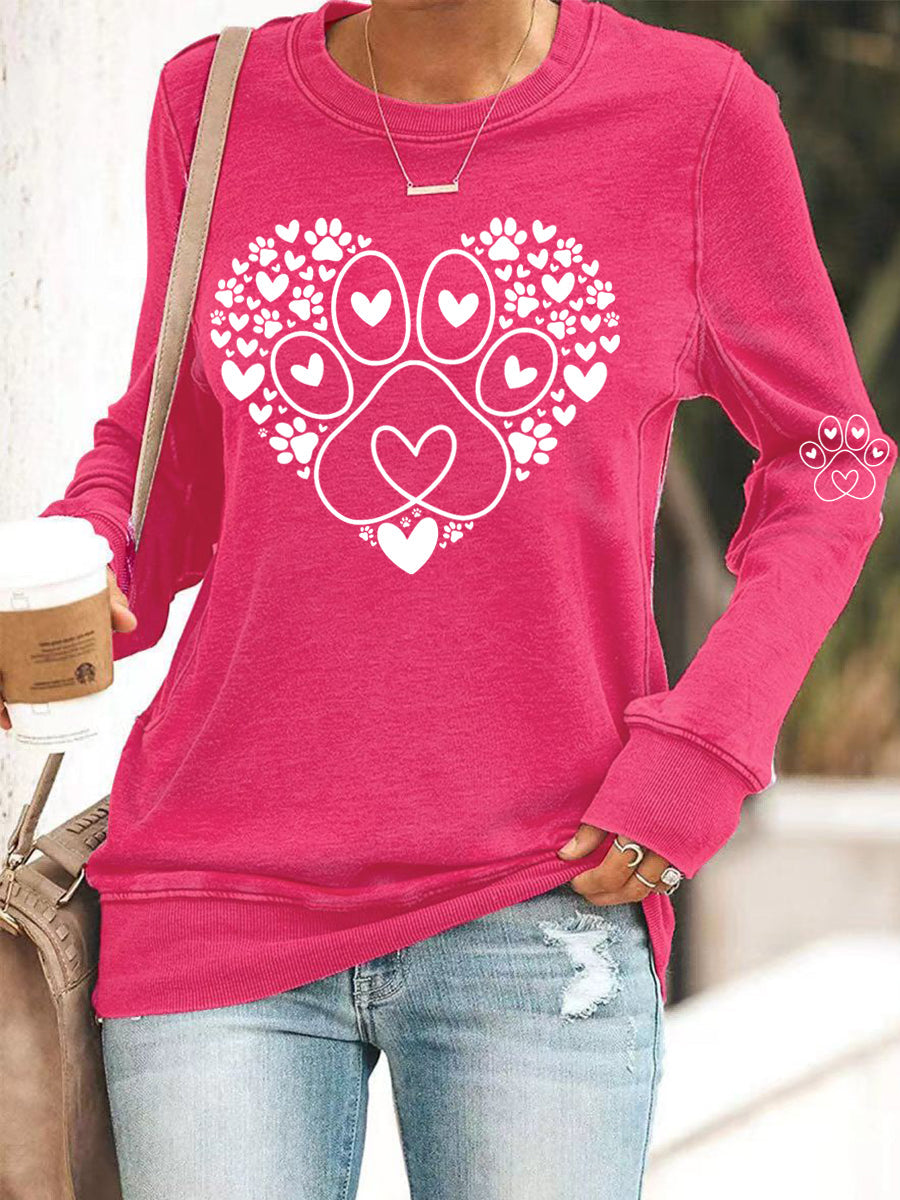 Damska paw heart print miłośnicy psów walentynkowa casualowa bluza