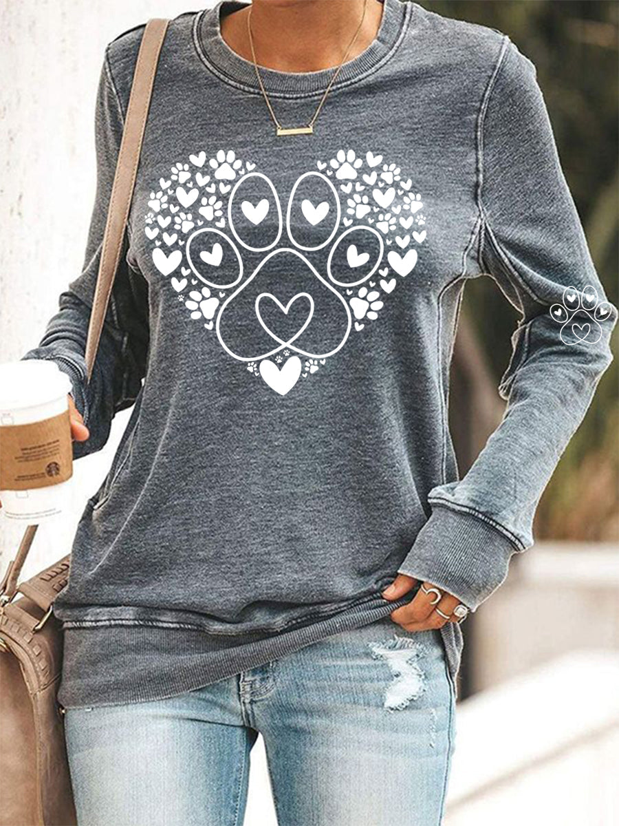Damska paw heart print miłośnicy psów walentynkowa casualowa bluza