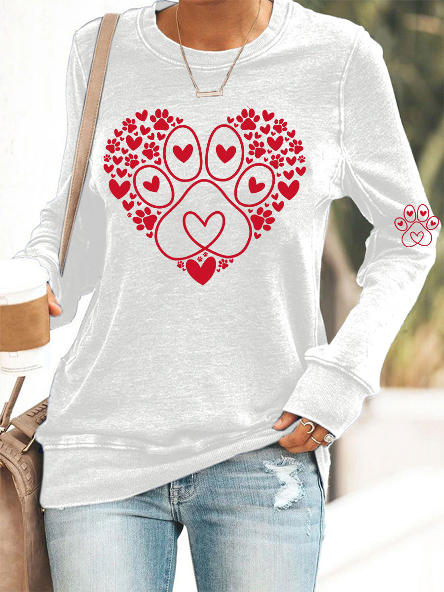 Damska paw heart print miłośnicy psów walentynkowa casualowa bluza